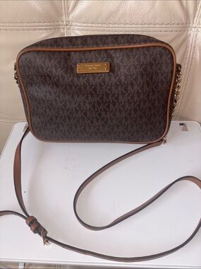 Michael Kors Brown Logo Crossbody with Tan Trim and Gold Plate